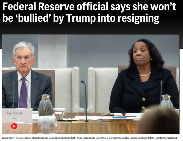 △美联社报道，库克强调，她不会因特朗普的“霸凌”而辞职。