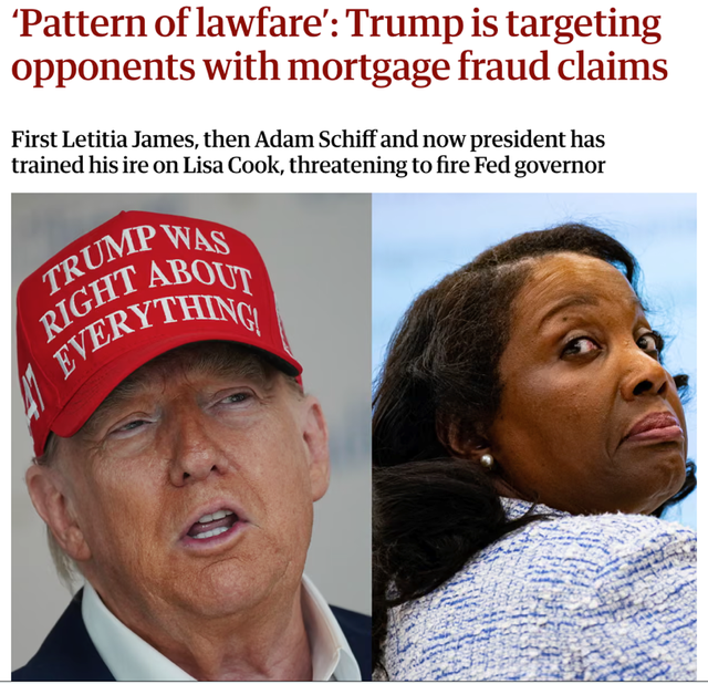 △《卫报》报道，特朗普正在使用“法律战”手段针对对手，即指控其抵押贷款欺诈。